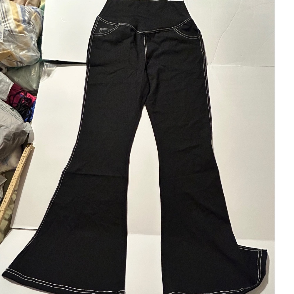 Halara High Waisted Flare Pants Black Contrast Stitch Back Pocket Small NEW